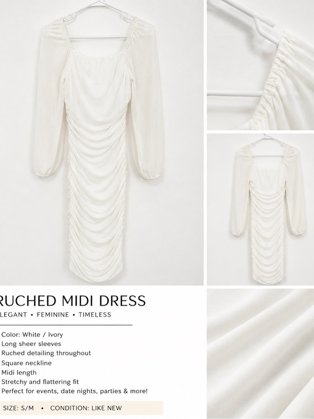 White Ruched Midi Dress with Square Neckline